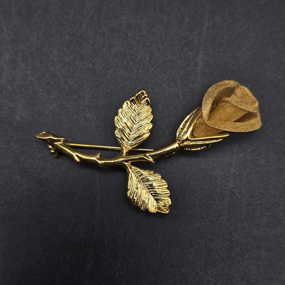 AAI Gold Tone Rose Brooch with Mesh Petals Vintage Costume Jewelry